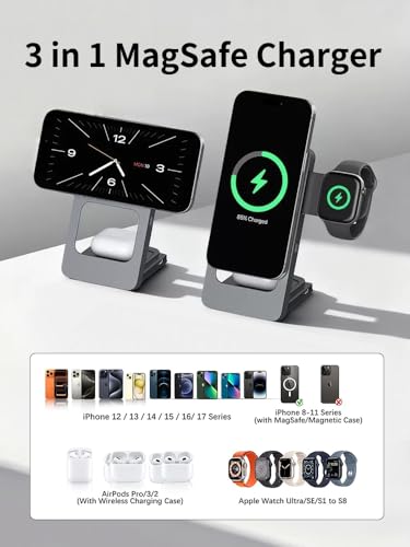 3-in-1 Foldable Wireless Charging Station for iPhone, Apple Watch, AirPods, Aluminum Alloy Frame, 15W Fast Charging, 0-180 Adjustable Stand, Qi Magnetic Wireless Charger (Gray)