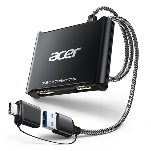 acer USB 3.0 HDMI Capture Card, 4K HDMI Loop-Out, 1080P 60Hz for Streaming | Low-Latency Audio Video Capture, USB Type-A & Type-C Ports, Compatible with Switch 2, PS5/PS4, Cameras, PC, OBS, Xbox