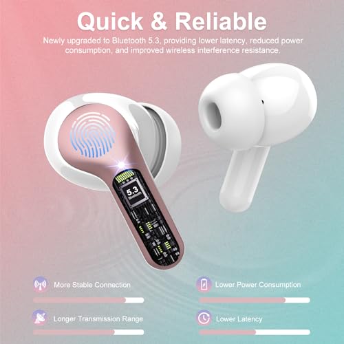 Wireless Earbuds, Bluetooth 5.4 Headphones HiFi Stereo, Bluetooth Earbuds with ENC Noise Cancelling Mic, IP7 Waterproof in Ear Earphones, 48H, LED Display Ear buds for Pad Workout Sports, Rose Gold - color: Rose Gold