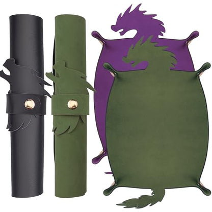 SIQUK 2 Pieces Dragon Dice Rolling Tray PU Leather Dice Mat Folding Scroll Dices Holder for D&D RPG Games (Dark Green, Violet) - color: Dark Green, Violet