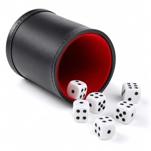 Felt Lined PU Leather Dice Cup Set with 6 Dot Dices (Black, Pack of 1) - color: Black