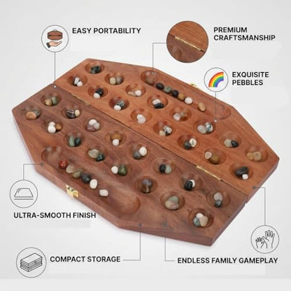 Ajuny Wooden Mancala Board Game Folding Travel Set with 96 Stones 2 Player | Traditional Counting Strategy Activity for Children Grownups Family Nights Educational Entertainment Birthday Holiday Present - size: 14 Inch
