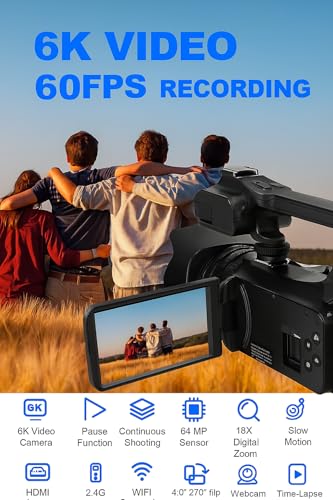 Acuvar 4K/6K Camcorder Video Camera – 64MP 60FPS Vlogging Camera for YouTube, WiFi, LED Light, Mic, 64GB SD Card – Live Stream Webcam - style: Essential Kit