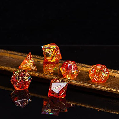 Cusdie Sharp Edges DND Dice, 7 PCs D&D Dice, Handcrafted Polyhedral Dice Set, for Role Playing Game Pathfinder (Red w/Yellow Sparkle) - color: Red W/Yellow Sparkle