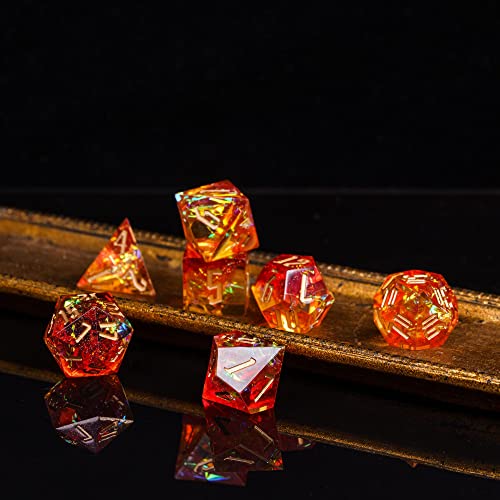 Cusdie Sharp Edges DND Dice, 7 PCs D&D Dice, Handcrafted Polyhedral Dice Set, for Role Playing Game Pathfinder (Red w/Yellow Sparkle) - color: Red W/Yellow Sparkle