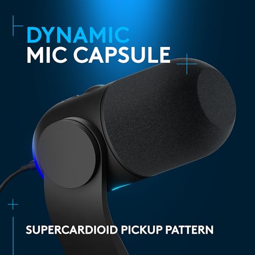 Logitech G Yeti GX Dynamic RGB Gaming Microphone, Podcast with LIGHTSYNC, Blue VO!CE, G HUB Control, Supercardioid, USB Plug and Play on PC/Mac - Black (Renewed)
