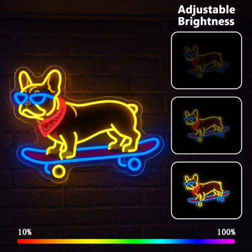 French Bulldog Skateboarding Neon Sign, Skateboard Dog Frenchie Wearing Glasses Neon Signs | Dimmable LED Bulldog Wall Art Decor | Frenchie Dog Lover Gifts - color: French Bulldog