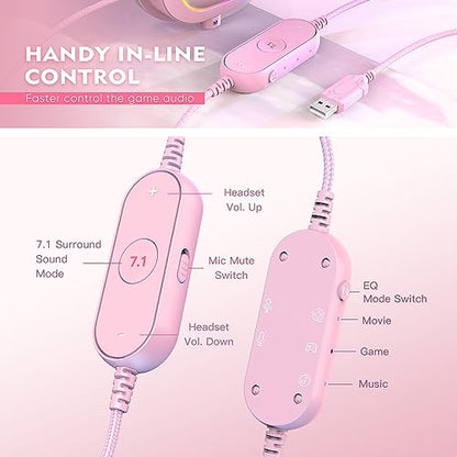 FIFINE H6P Wired Gaming Headset with Noise Canceling Mic for PC,PS4/5 | Large 50mm Drivers, 7.1 Surround Sound, Solid Metal Frame, 3 EQ Modes, Vibrant RGB, USB In-line Control, for gamer/streamers - color: Pink