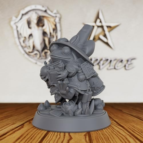 AUSPDICE DND Miniature, 32mm Frog Wizardess for Fantasy RPGs, S15 | 1:50 Scale Fantasy Mage with Witch Hat, Book and Potions for Dungeons and Dragons, TTRPGs, Board Games, Wargaming and Display