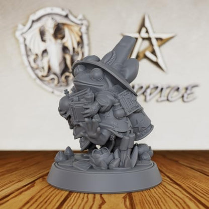 AUSPDICE DND Miniature, 32mm Frog Wizardess for Fantasy RPGs, S15 | 1:50 Scale Fantasy Mage with Witch Hat, Book and Potions for Dungeons and Dragons, TTRPGs, Board Games, Wargaming and Display