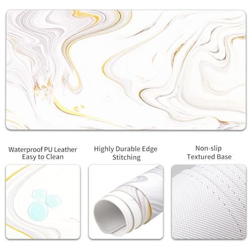QIYI PU Leather Desk Mat Set, 4-in-1 Ergonomic Wrist Rest, White Marble | Waterproof Large Mouse Pad 31.5×15.7 + Keyboard Wrist Rest + Mouse Wrist Support+Coaster, Non-Slip Office Gaming Accessories - color: Gray White Marble