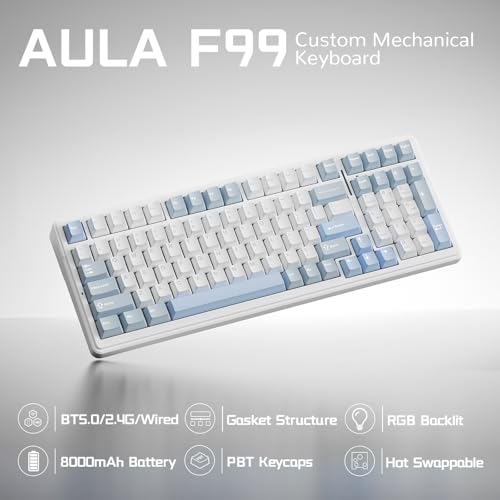 AULA F99 Wireless Silent Mechanical Keyboard, Triple-Mode 2.4GHz/BT5.0/USB-C, Pre-lubed Linear Switches,Hot Swappable Custom Keyboard, Gasket Mounted RGB Backlit, Gaming Keyboards for PC/Laptop/Tablet - color: White Blue Grey