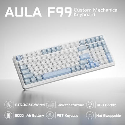 AULA F99 Wireless Silent Mechanical Keyboard, Triple-Mode 2.4GHz/BT5.0/USB-C, Pre-lubed Linear Switches,Hot Swappable Custom Keyboard, Gasket Mounted RGB Backlit, Gaming Keyboards for PC/Laptop/Tablet - color: White Blue Grey