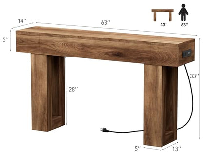 63 Inch Long Console Table w/Outlets & USB Ports, Narrow Rectangular Sofa Table Behind The Couch, Farmhouse Entryway Table for Entrance, Hallway, Living Room(Brown with Outlet) - color: Brown, style: With Socket