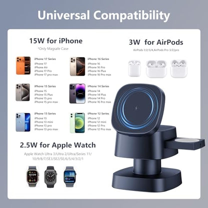 3 in 1 Charging Station with Night Light, 4 in 1 Wireless Charger for Apple | 15W MagSafe magnetic stand for iPhone 17/16/15/14/13/12, Apple Watch & AirPods. Foldable travel wireless charge (Gray) - color: Gray
