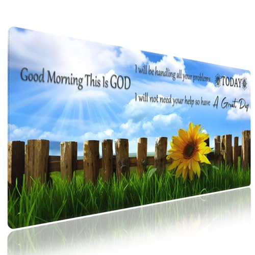 Good Morning This is God Large Mouse Pad, Sunflower Farmhouse Desk Mat | Keyboard Mat Stitched, 31.5" x 11.8", Positive Motivational Quote, Christian Inspirational Quote, Religious Encouragement - color: Vibrant Design J04K