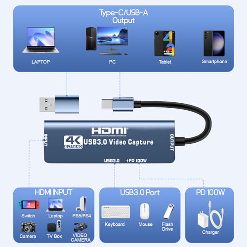 4K Capture Card HDMI to USB A/C Video Capture Recording Device | with USB 3.0 & 100W PD Port for Quest 3, PS5/4, Switch 2/1, Camera, Xbox, Tablet, PC, OBS, MacOS/Windows, Plug & Play