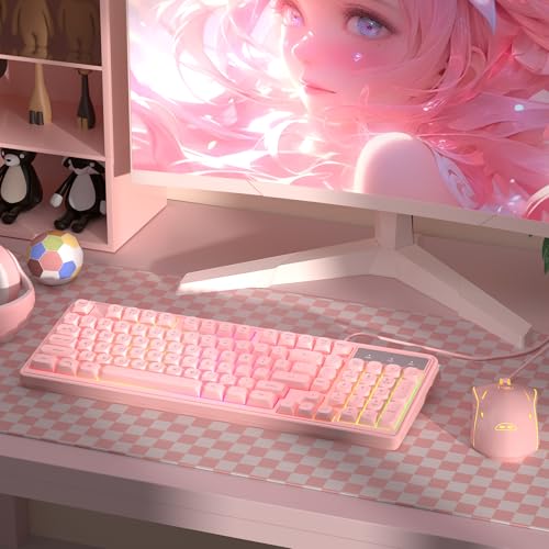 Pink Creamy Keyboard and Mouse Combo,MageGee GK980 Wired RGB Backlit Keyboard and Pink Gaming Mouse Combo,PC Keyboard and Adjustable Sensitivity Mouse for PC/loptop/MAC - color: Pink RGB