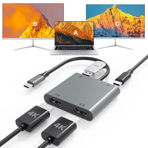 USB C to Dual HDTV Adapter, Fophmo 4K@60Hz HDTV Splitter Extend Display for Dual Monitors, macOS Only Allows Mirror Mode, Windows Allows Multi-Monitor Display 3 Separate Screens for 100W PD,USB-A Port - color: Grey