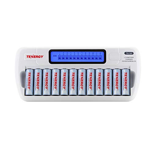 Tenergy TN160 12-Bay LCD NiMH/NiCD AAA/AA Battery Charger + 12x AA NiMH Rechargeable Batteries, Double A Batteries for Everyday Electronics - size: Charger + 12 Pack NiMH AA