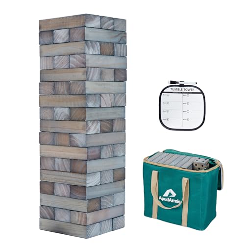 ApudArmis 56 PCS Giant Tumble Tower, Pine Stacking Game Stacks Over 5FT | Non-toxic NZ pine, crack-resistant. Includes dice & bag. Exciting indoor & outdoor stacking tower game for adults and parties - color: Gray, size: XL-Over 5FT