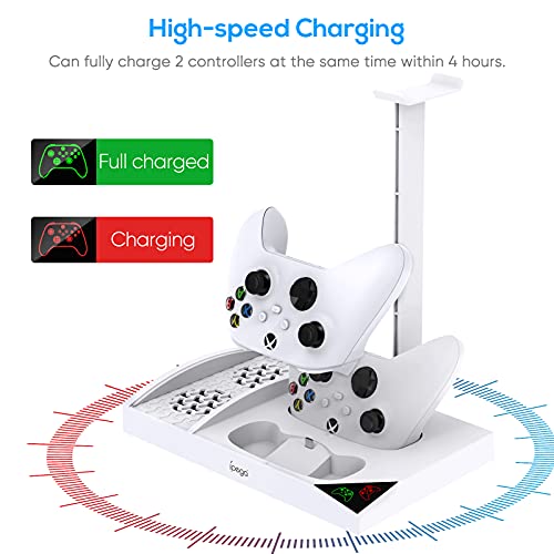 Upgraded Vertical Cooling Fan Stand for Xbox Series S, Cooler Fan System Dual Controller Charging Dock Station with 2 x 1400mAh Rechargeable Battery Pack, Headphone Bracket for Xbox Series S (White)