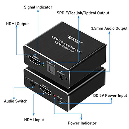 Tendak HDMI Audio Extractor, 4K 30Hz HDMI Audio Splitter to Optical TOSLINK SPDIF + 3.5mm Stereo Audio Adapter, Compatable for TV, PC, PS3/4/5, Blu-ray/DVD/HD Player