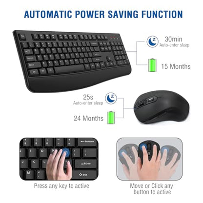 Wireless Keyboard and Mouse Combo, EDJO 2.4G Full-Sized Ergonomic Computer Keyboard with Wrist Rest and 3 Level DPI Adjustable Wireless Mouse for Windows, Mac OS Desktop/Laptop/PC - color: Black