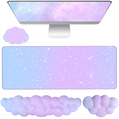 Cloud Mouse Pad Keyboard Wrist Rest 4PCS Extended Large Galaxy Stars Desk Mat Pad Set Memory Foam Non-Slip Cute Ergonomic Gaming Mouse Pad Wrist Support for Computer Home Office Purple Blue - color: 4pcs Purple Blue