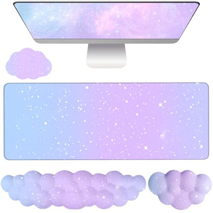 Cloud Mouse Pad Keyboard Wrist Rest 4PCS Extended Large Galaxy Stars Desk Mat Pad Set Memory Foam Non-Slip Cute Ergonomic Gaming Mouse Pad Wrist Support for Computer Home Office Purple Blue - color: 4pcs Purple Blue