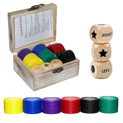 Left Right Roll Dice Game Set - 3 Wood Dice & 72 Plastic Chips | Wooden Box, Portable Travel Party Game, For Family, Friends, Adults - Rustic Brown - color: Rustic Brown