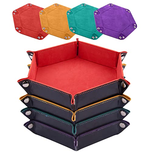 SIQUK 4 Pieces Dice Tray Set Foldable Dice Trays Hexagon Dice Rolling Tray PU Leather Dice Holder for Dice Games like RPG, DND and Other Table Games(Orange, Yellow, Cyan, Violet) - color: Orange, Yellow, Cyan and Violet