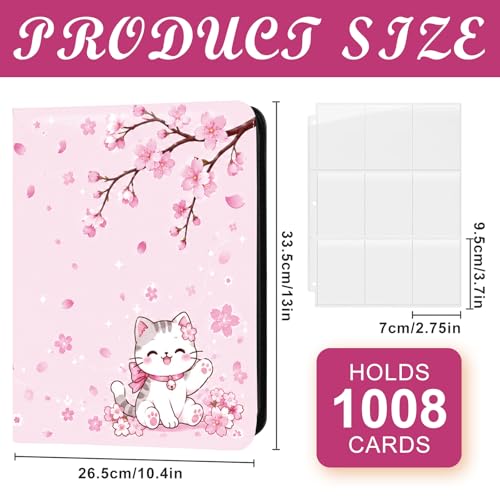 Card Binder 9 Pocket Trading Card Holder Fits 1008 Cards with 56 Removable Sleeves Portable Leather Collection Card Ablum Game Card Case Book with Zipper for Gift (Sakura Cat) - style: Sakura Cat Card Albums