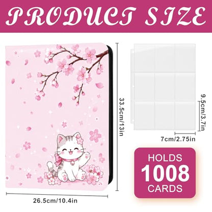 Card Binder 9 Pocket Trading Card Holder Fits 1008 Cards with 56 Removable Sleeves Portable Leather Collection Card Ablum Game Card Case Book with Zipper for Gift (Sakura Cat) - style: Sakura Cat Card Albums