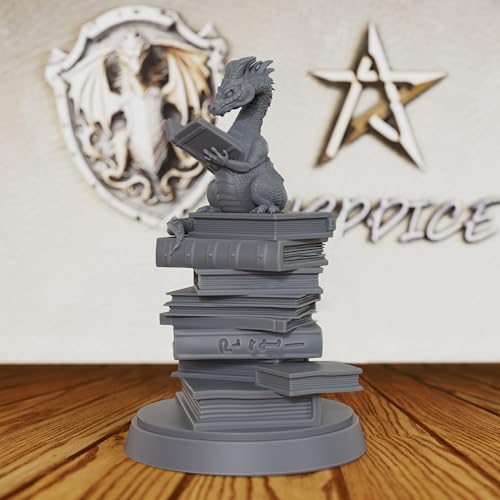 AUSPDICE Reading Dragon Miniature for Tabletop RPGs, 32mm DND Minis AS20 | Unpainted Resin Book Dragon on Stacked Tomes for DND, Dungeon Masters, Fantasy Collectors, Tabletop Gamers and RPG Gifts