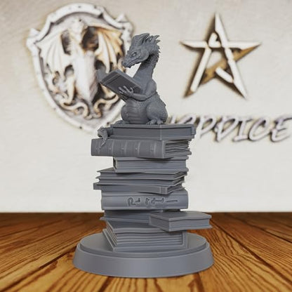 AUSPDICE Reading Dragon Miniature for Tabletop RPGs, 32mm DND Minis AS20 | Unpainted Resin Book Dragon on Stacked Tomes for DND, Dungeon Masters, Fantasy Collectors, Tabletop Gamers and RPG Gifts