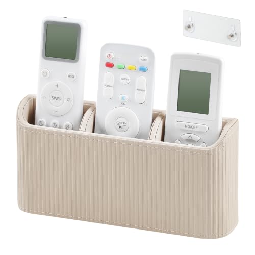 Remote Control Holder Wall Mount TV Remote Holder Caddy Organizer | PU Leather, Self Adhesive, 3 Compartments, Soft Velvet Lining, Aesthetic Stripes - color: Beige