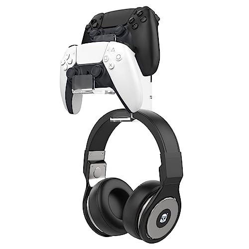 MoKo Controller Wall Mount, Dual Gamepad Headphone Hanger for PS5 Xbox | Holds 2 controllers and one headset, saves desk space, fits PS5 PS4 Xbox Switch Steam Deck and most gamepads - color: Clear