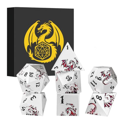 Metal Dice Set, Flat Face White Red Dragon Pattern, 7pcs Polyhedral Metal DND Dice Set, DND Starter Set, D&D Gifts with Gift Box, Role Playing Board Games Accessories, White - color: White+ Red