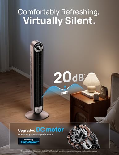 DREO Smart Tower Fan for Bedroom, 90° Oscillating Standing Fan | 28ft/s Velocity, 20dB Quiet for Sleep, DC Motor, 9 Speeds, 4 Modes, 12H Timer, Voice & APP & Remote Control, Starlight - color: Starlight
