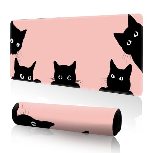 Pink Cute Cat Mouse Pad for Desk,Cat Mouse Pad 31.5 X 11.8 Mouse Mat Desk Pad,Extended Keyboard Mouse Pad Large Desk Mat Pink Mousepad with Non-Slip Base and Stitched Edge for Gaming Home Office - color: Pink Cat