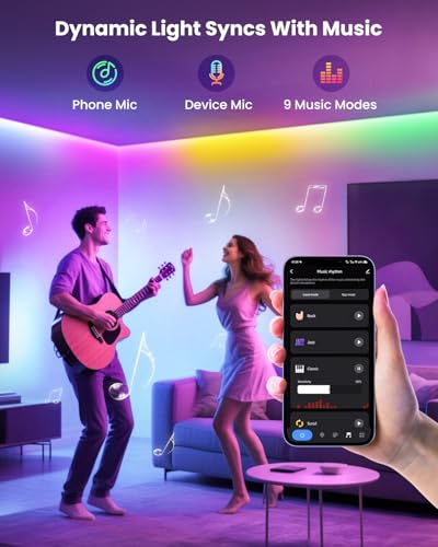 16.4ft RGB+IC LED Lights for 50-75 Inch TV, Backlight Strip Behind TV with Music Sync, Bluetooth APP and Voice Control, 44 Scene Modes, for Ambient Mood Lighting, Monitor Game, Bedroom, Living Room - size: 16.4FT