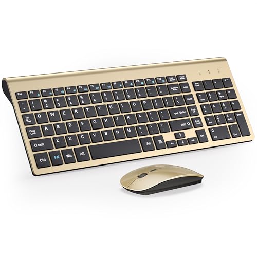 Wireless Keyboard and Mouse Ultra Slim Combo, TopMate 2.4G Silent Compact USB 2400DPI Mouse and Scissor Switch Keyboard Set with Cover, Batteries Included, for PC/Laptop/Windows/Mac - Gold Black - color: Gold Black