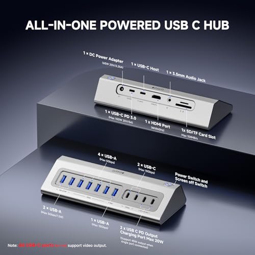Gitfos Powered USB Hub, 18 in 1 USB C Hub with 4K HDMI, 10Gbps, PD 100W | USB C 45W Charge, SD/TF, Audio, Smart Button,65W Adapter,Aluminum USB Hub for Laptop,Mac,Mac Mini, iMac, iPhone 17/16, iPad - size: 18 IN 1