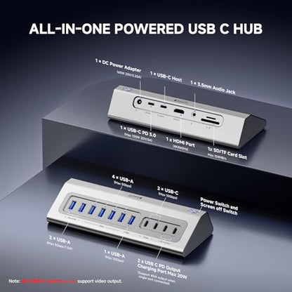 Gitfos Powered USB Hub, 18 in 1 USB C Hub with 4K HDMI, 10Gbps, PD 100W | USB C 45W Charge, SD/TF, Audio, Smart Button,65W Adapter,Aluminum USB Hub for Laptop,Mac,Mac Mini, iMac, iPhone 17/16, iPad - size: 18 IN 1
