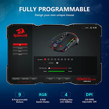 Redragon Gaming Mouse, Wireless Mouse Gaming with 8000 DPI, PC Gaming Mice with Fire Button, RGB Backlit Programmable Ergonomic Mouse Gamer, Rechargeable, 70Hrs for Windows, Mac Gamer, Black - color: Black, style: 2.4G/ Wired