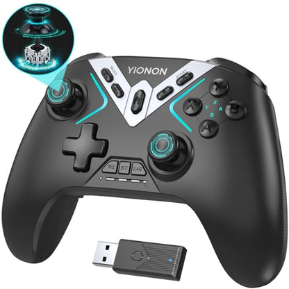 YIONON Dual Hall Effect PC Controller with USB Dongle & Phone Clip | Bluetooth Controller for PC/iPhone/Android/Steam/TV with Macro, Joystick Speed Down, 6-Axis Gyro, Vibration, Turbo, Wake Up - color: Black