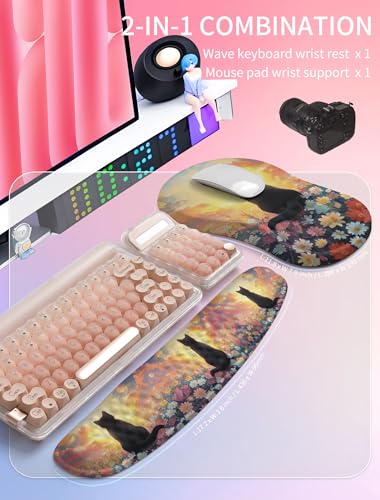 Hokafenle 2in1 Combination, Wave Keyboard Wrist Rest and Ergonomic Curvature Mouse Pad Wrist Support for Relieve Wrist Pain, Filled with Soft Cushion Memory Foam, Wishing Cat - color: Wishing Cat