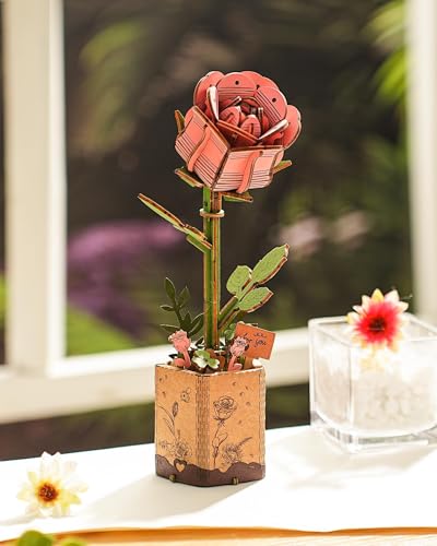 3D Flower Wooden Puzzles for Adults-Pink Rose, DIY Wooden Flowers Model Kit Building Set Crafts Birthday Gifts, Artificial Botanical Collection Creative Gift Ideas/Housewarming (104PCS) - style: TW - Pink Rose