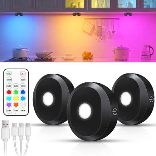 WILLED RGB Under Cabinet Lights,Rechargeable Puck Lights with Remote Control, Wireless Push Light with Timer Function,Dimmable LED Touch Tap Light for Kitchen,Cabinet,Closet, Counter,3 Pack - color: RGB Multicolor